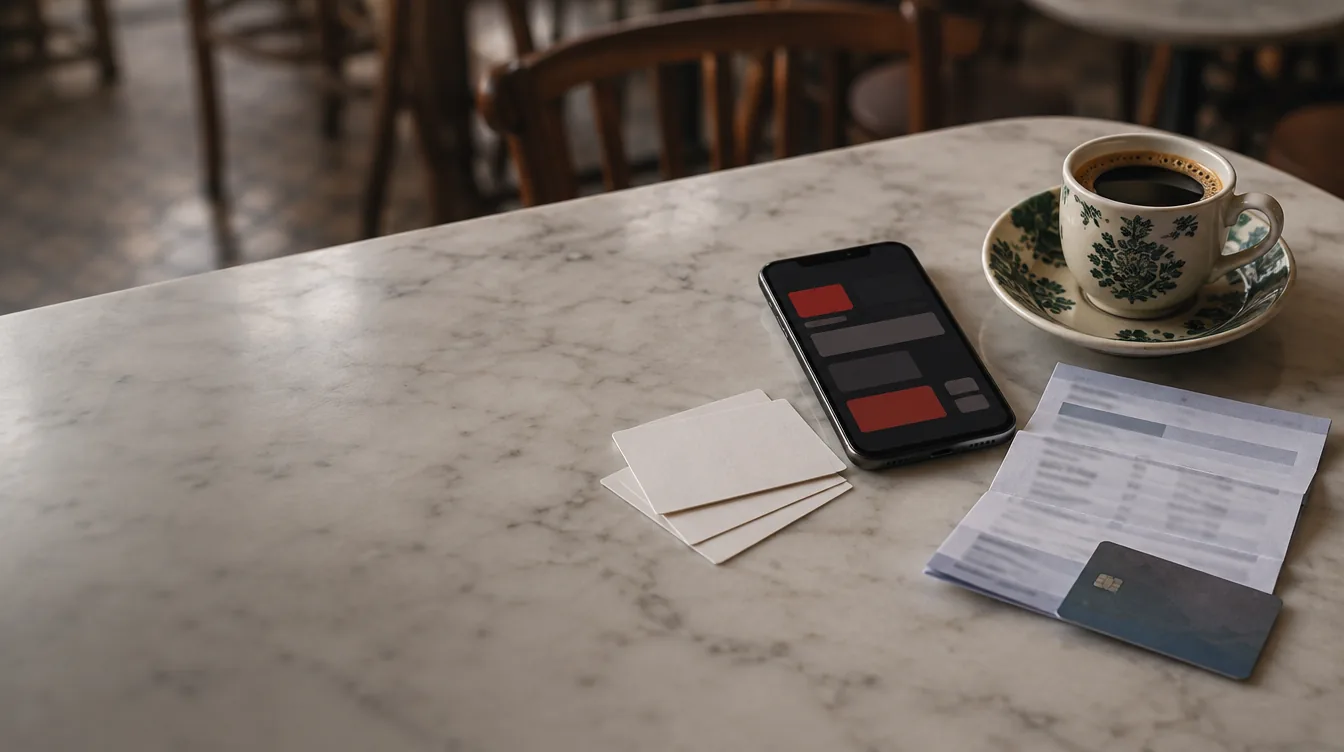 Illustration of a marble kopitiam table in daylight: a phone showing a dark app screen, a stack of blank name cards, a folded card statement, a bank card and a cup of kopi.