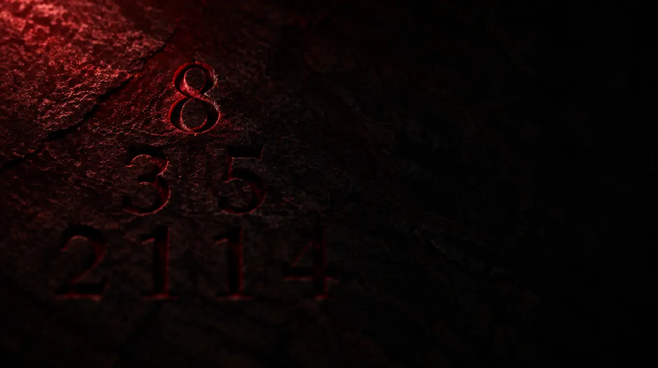 The numerals 2, 1, 1 and 4 carved into dark stone, folding upward into 3 and 5, and then into a single 8 at the apex; only the apex is lit.