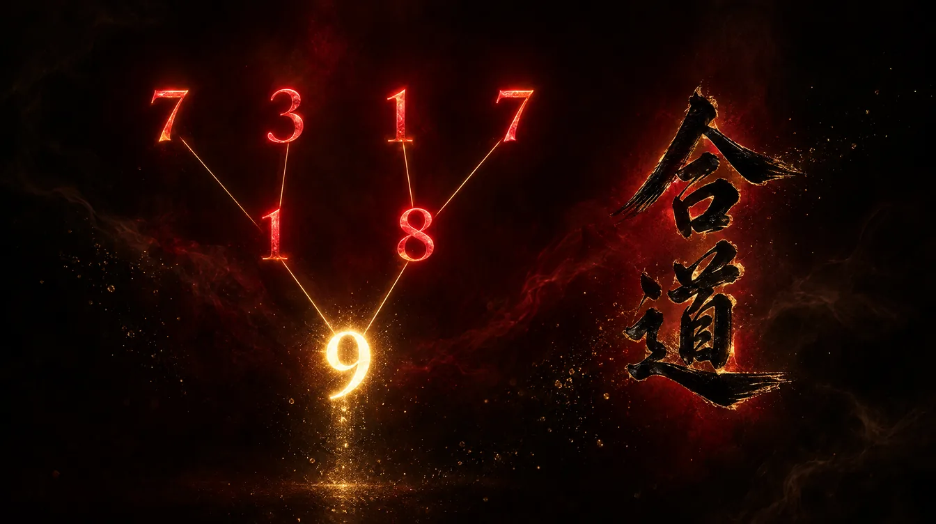 Glowing numerals 7, 3, 1 and 7 folding down an inverted triangle into 1 and 8, then into a single blazing gold 9, beside the characters 合道 in brush calligraphy.