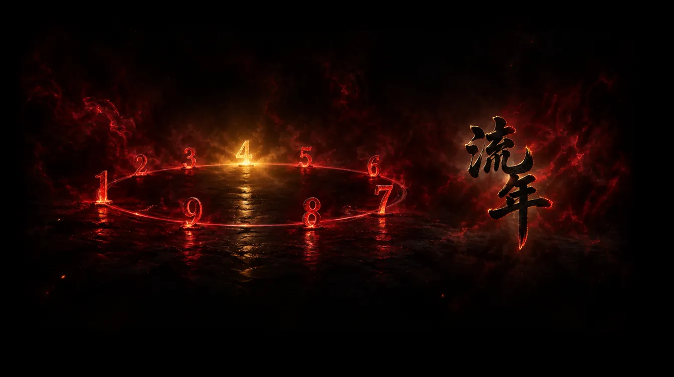 Nine glowing crimson numerals, 1 to 9, arranged around a ring that lies flat like an orbit seen at a low angle, with the 4 burning gold, beside the characters 流年 in brush calligraphy.