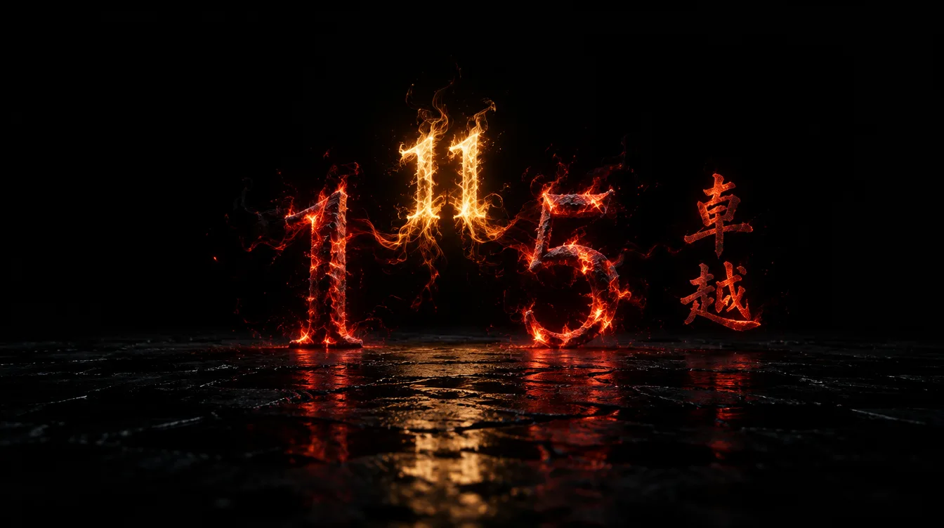 Two crimson ember numerals, 1 and 5, standing on dark wet stone, with a single gold 11 forming out of their merged flame above them, beside the characters 卓越 in brush calligraphy.