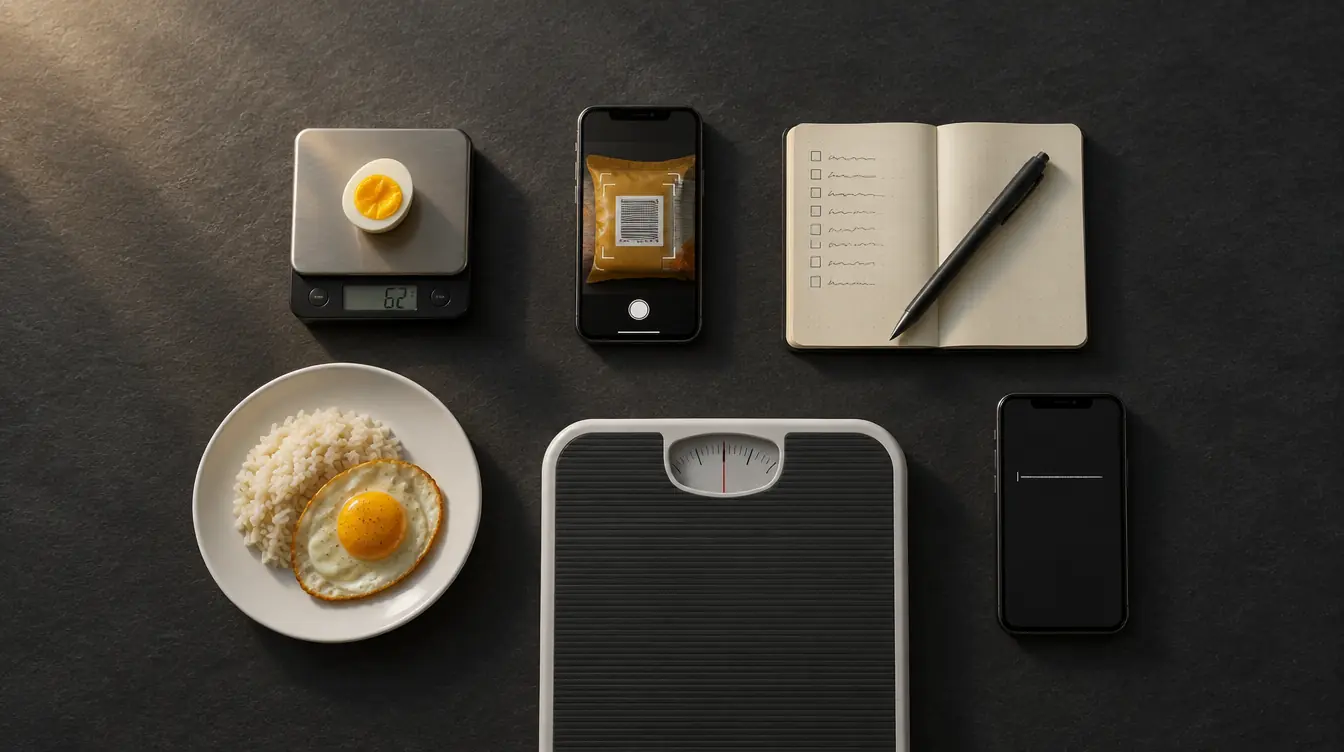 Six ways of tracking food laid out on dark slate: a kitchen scale, a phone scanning a barcode, a notebook and pen, a plate of rice and egg, a bathroom scale and a phone showing one typed line.