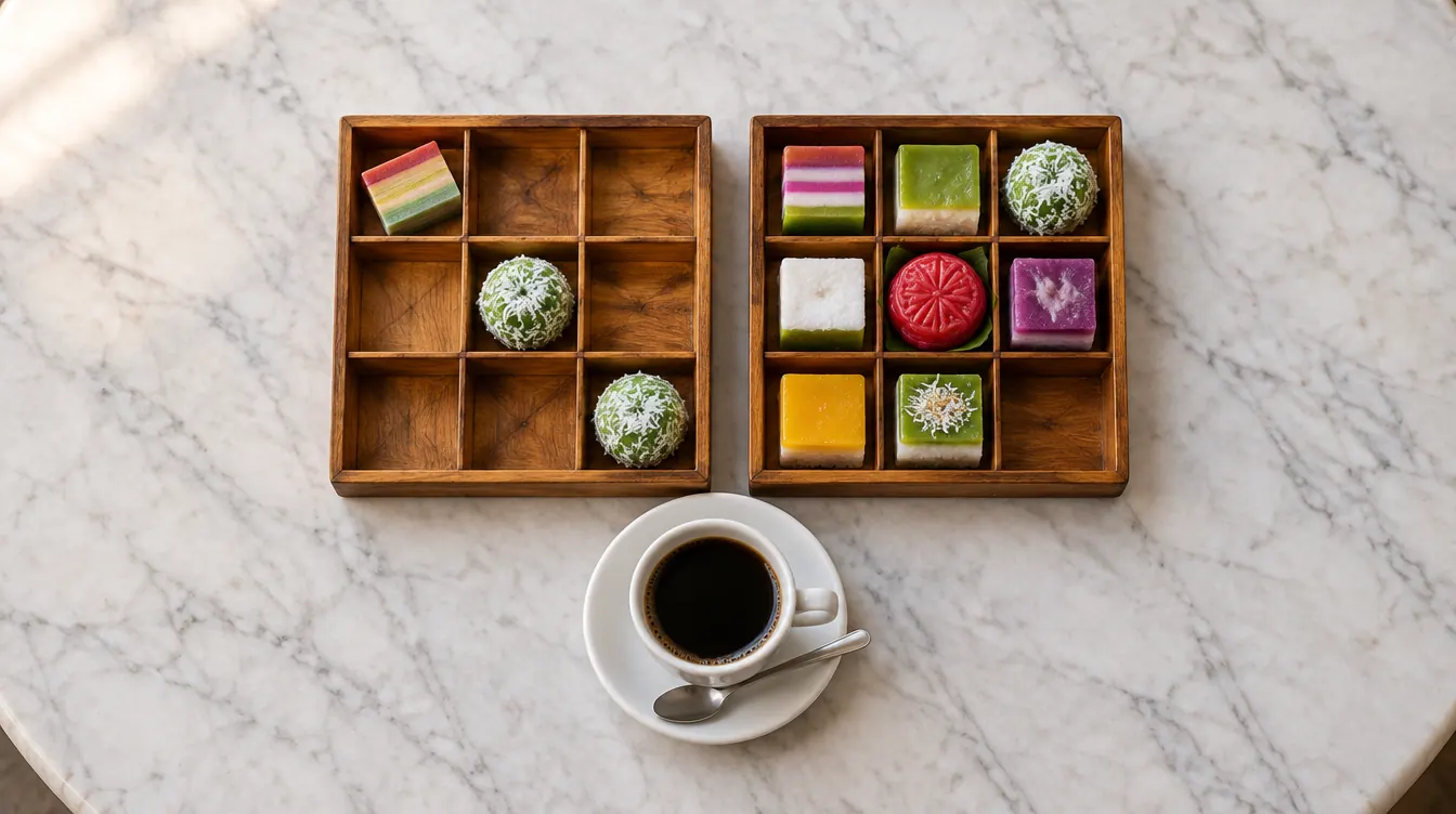 Two wooden trays, each divided into a three-by-three grid, on a white marble kopitiam table. The left tray holds only three pieces of kuih, the right tray eight, with a cup of kopi-O below them.