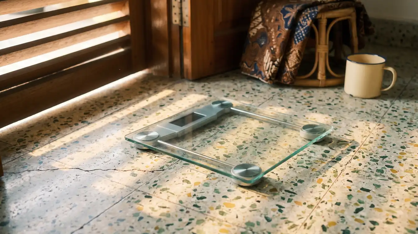 A blank glass bathroom scale on worn terrazzo tiles in a Malaysian home corridor, early morning light through louvre windows falling across the floor.
