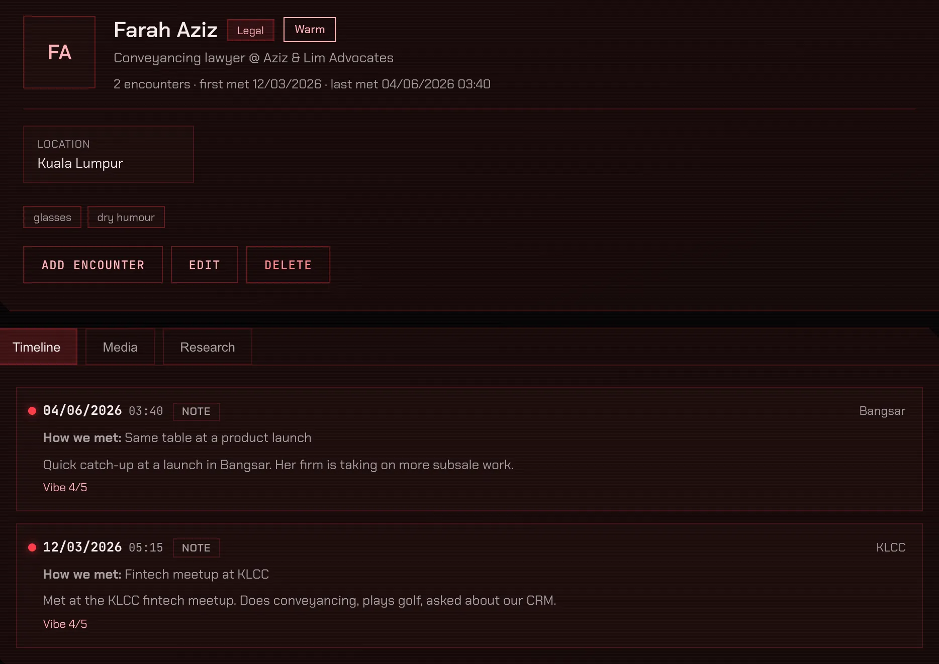 Network Tracker with demo data: a contact's detail panel showing the last encounter date and a timeline of two encounters months apart, the first with a note taken at a fintech meetup at KLCC.