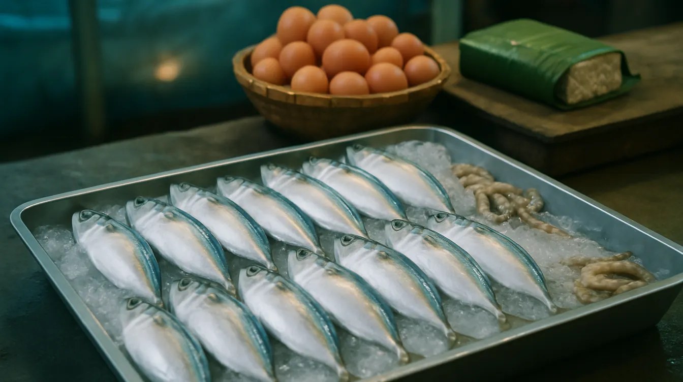 A steel tray of ikan kembung on crushed ice at a morning market stall, with a basket of eggs and banana-leaf-wrapped tempeh behind.