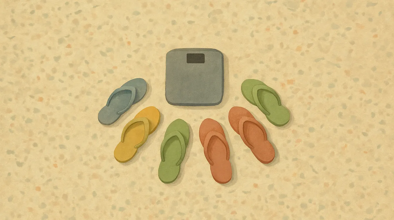Painted illustration of a bathroom scale on a terrazzo floor with pairs of rubber slippers in a half ring in front of it, seen from above