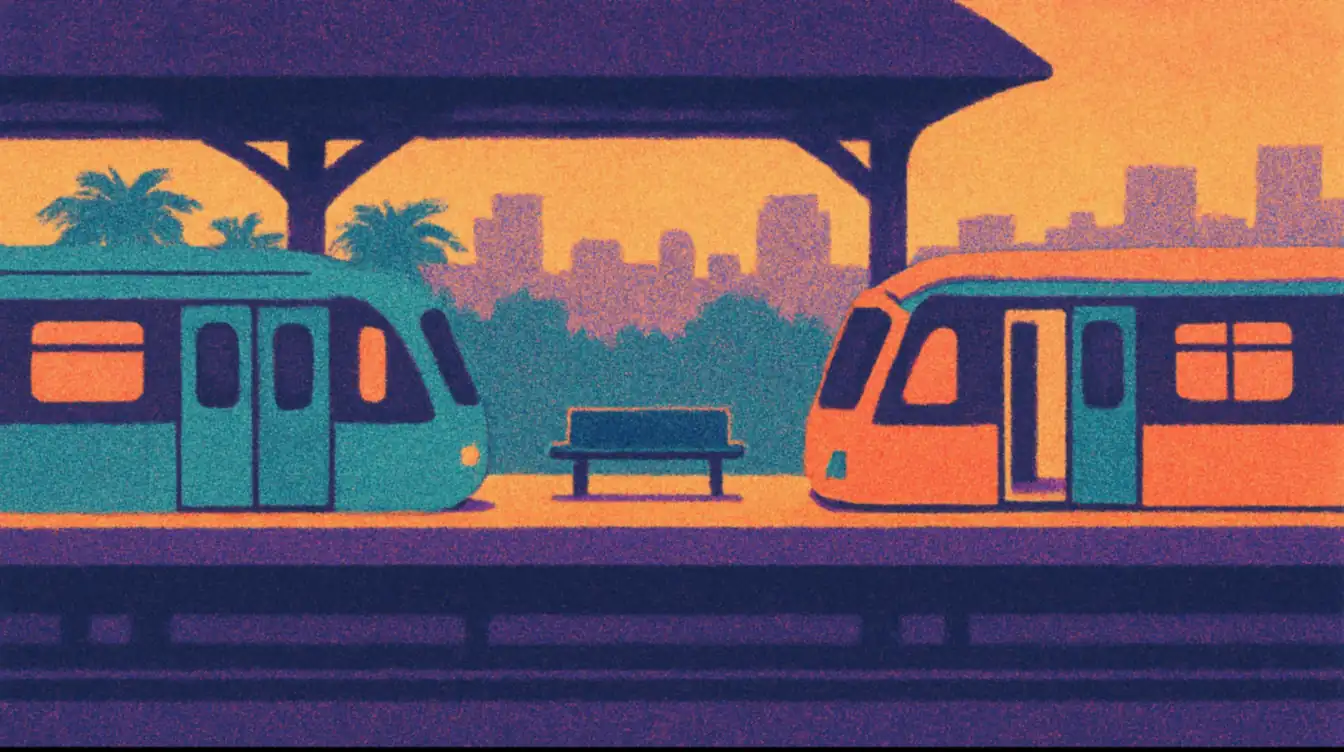 Risograph-style illustration of two trains from different lines stopped facing each other at one platform, with an empty bench between them, at a station in Kuala Lumpur at dusk