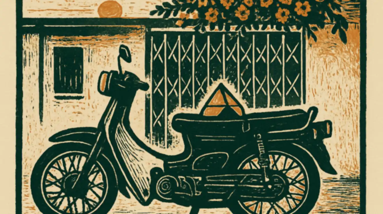 Linocut-style illustration of a nasi lemak bungkus wrapped in paper and banana leaf, resting on a parked motorcycle seat outside a terrace house at dawn