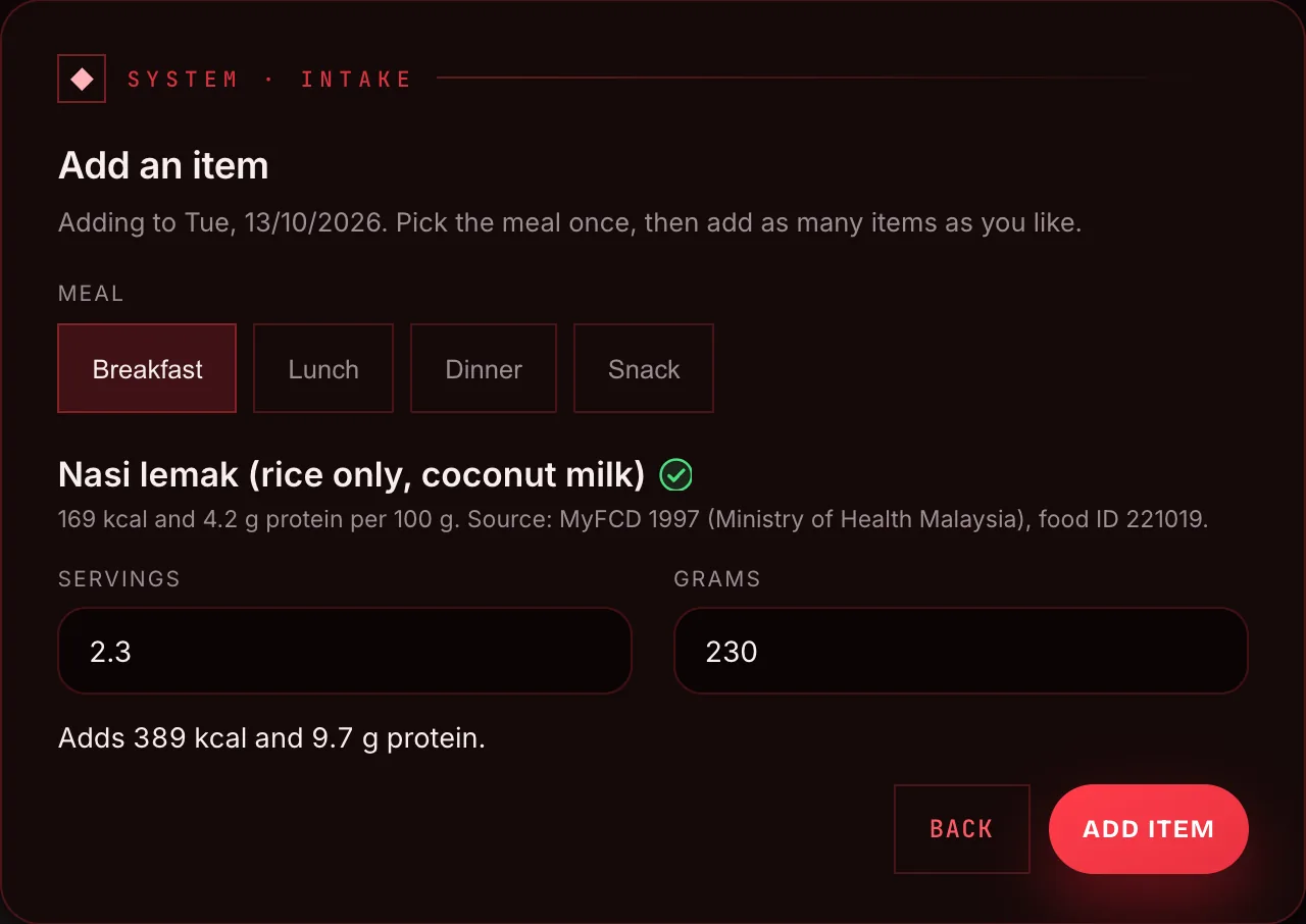 Fitness Add item search for nasi lemak on a demo account, showing the verified MyFCD row for nasi lemak rice per 100 g